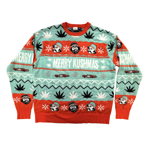 Cheech & Chong Ugly Christmas Sweater Mens XL Red Green Merry Kushmas Cannabis - Picture 1 of 7